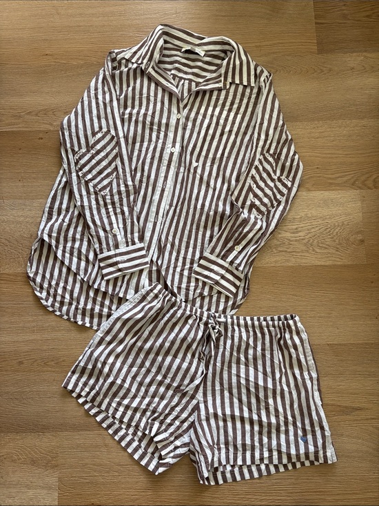 Kerri Rosenthal Other - Striped Grey and White Button-Up Shirt & Shorts Set
